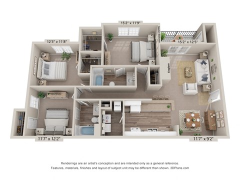Floor plan for 3 beds, 2 baths, 1321 sqft